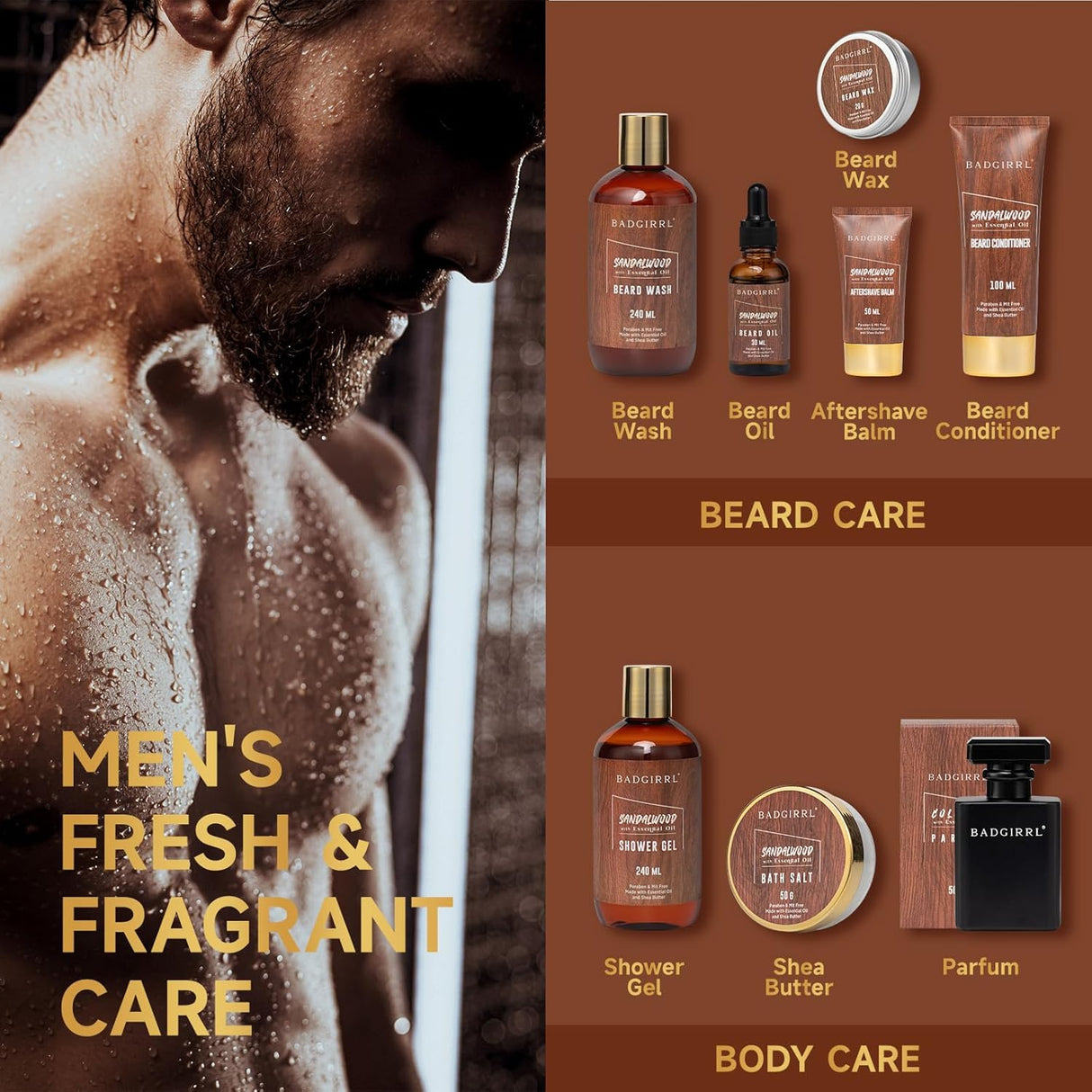 NBHS 32-Piece Sandalwood Bath & Beard Care Gift Set – Luxury Men’s Kit