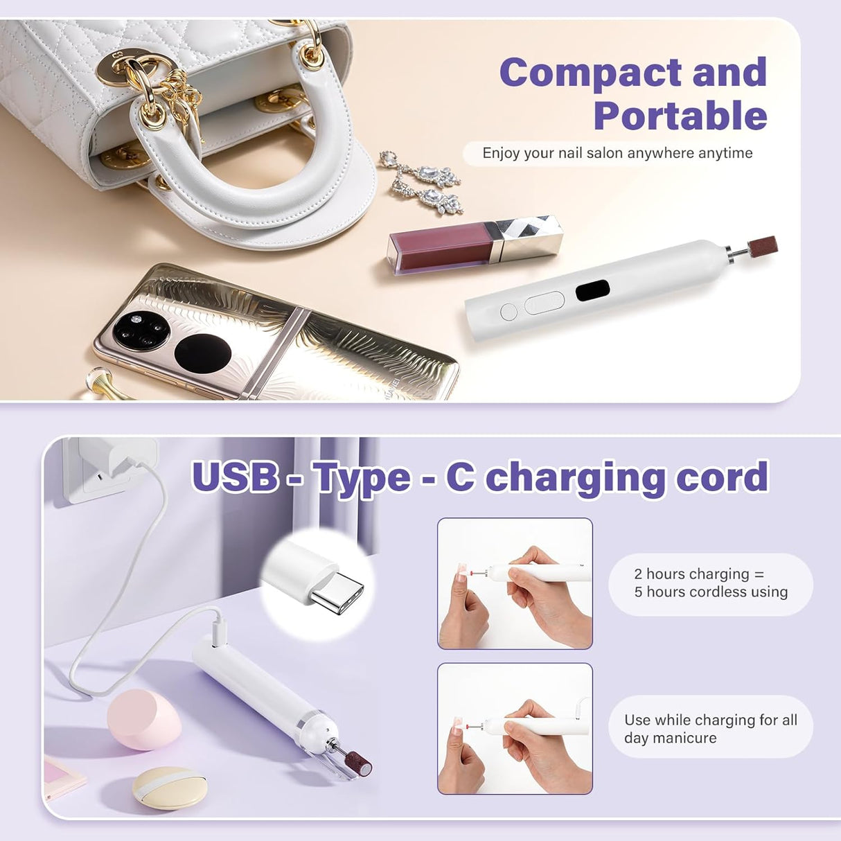 NBHS 2-in-1 Portable Nail Drill Kit with UV/LED Lamp – Rechargeable Tool