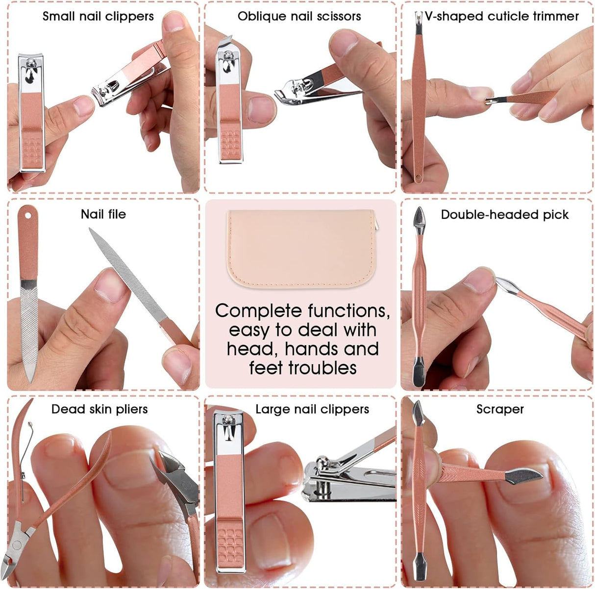 NBHS Rose Gold 12-in-1 Manicure Set – Beauty Kit with Pink Leather Case