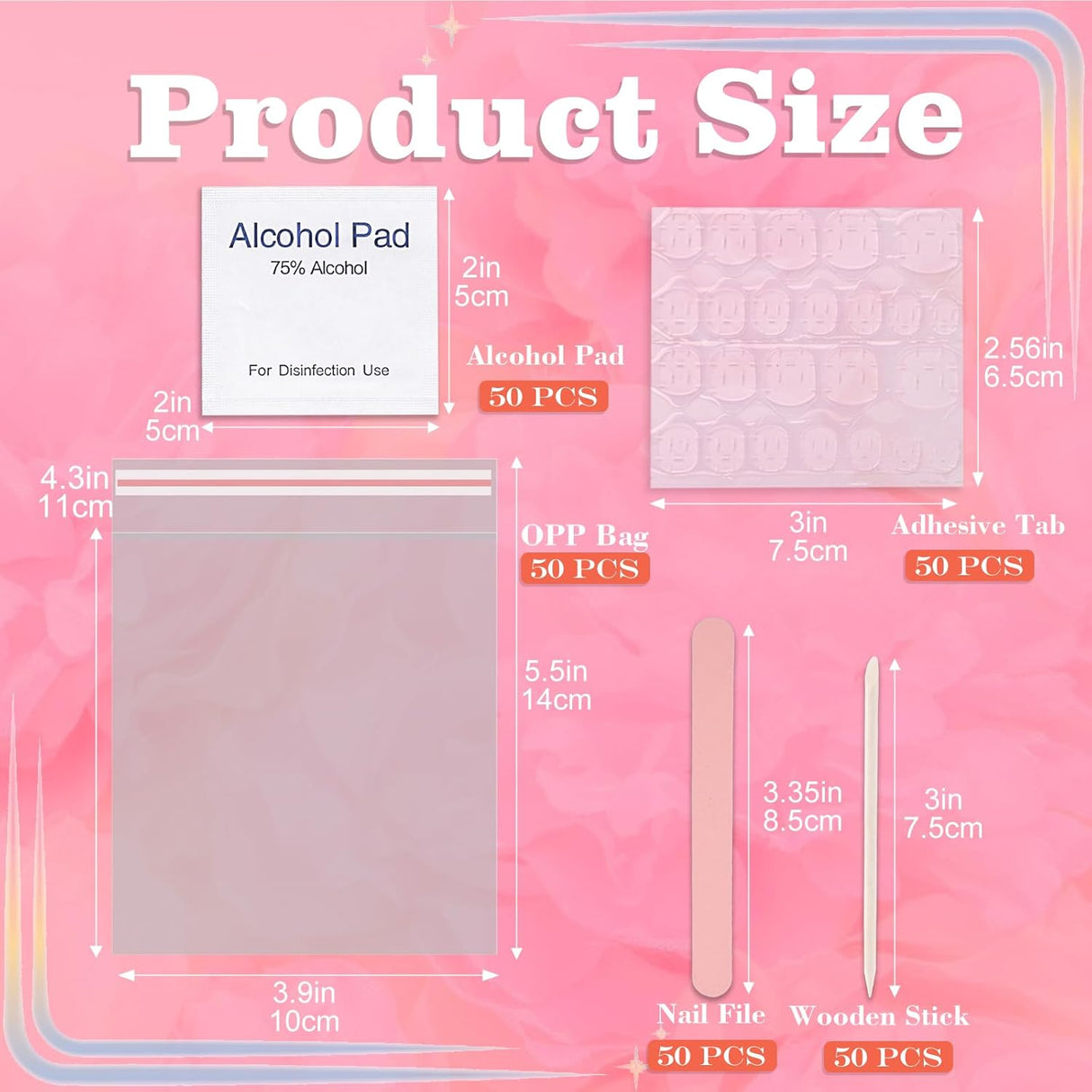 NBHS 50-Piece Press-On Nail Prep Kit – Files, Pads, Sticks & Bags (Pink)