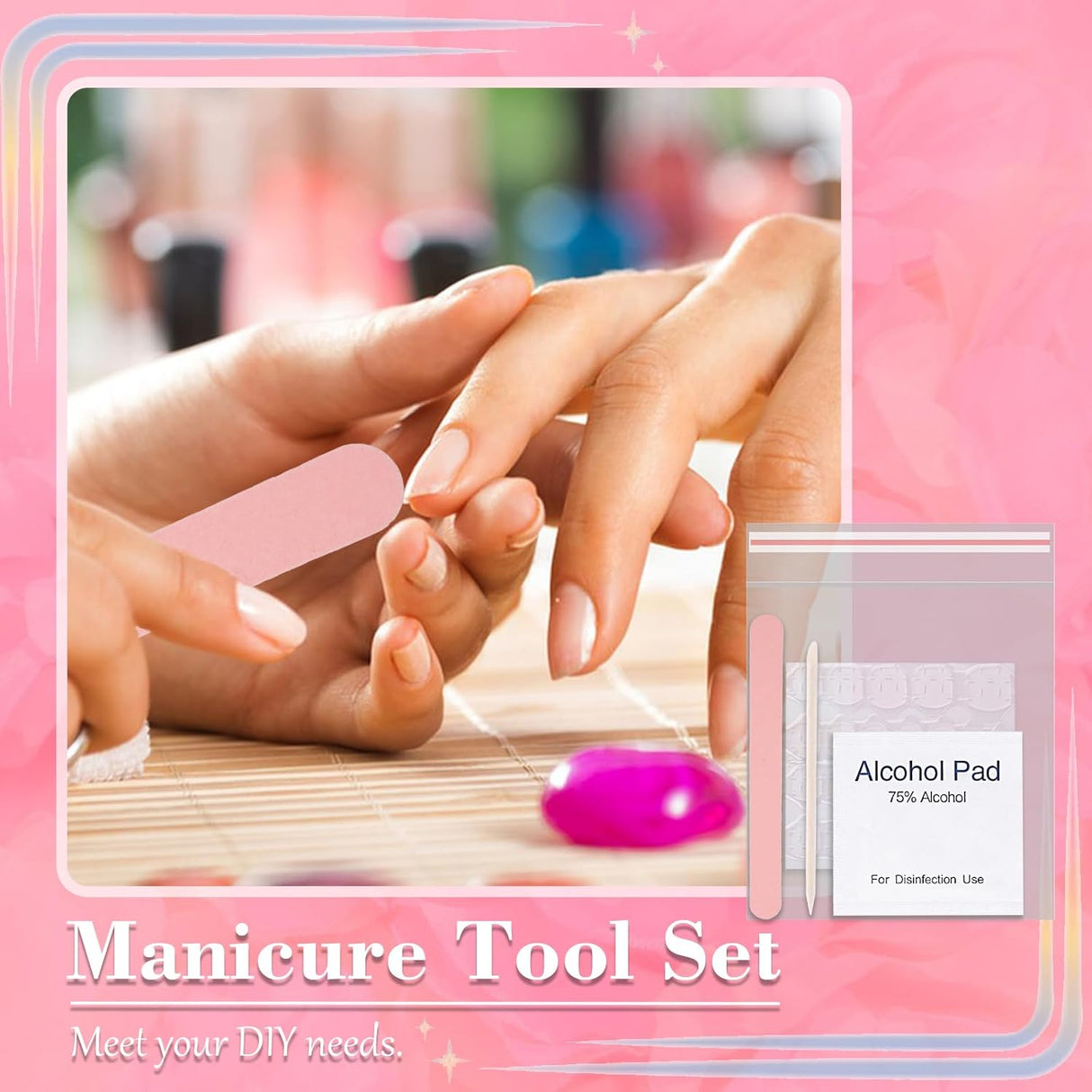 NBHS 50-Piece Press-On Nail Prep Kit – Files, Pads, Sticks & Bags (Pink)