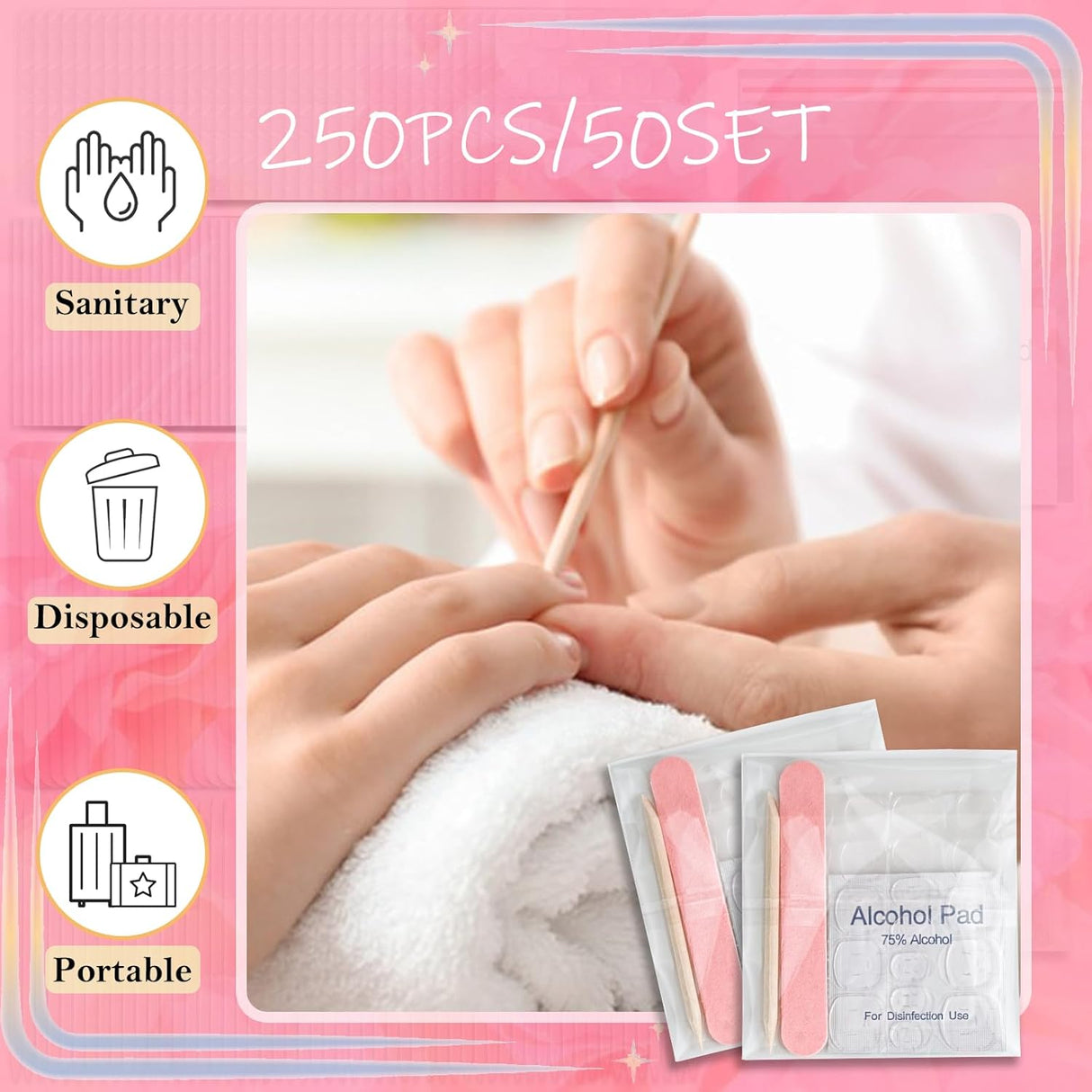 NBHS 50-Piece Press-On Nail Prep Kit – Files, Pads, Sticks & Bags (Pink)