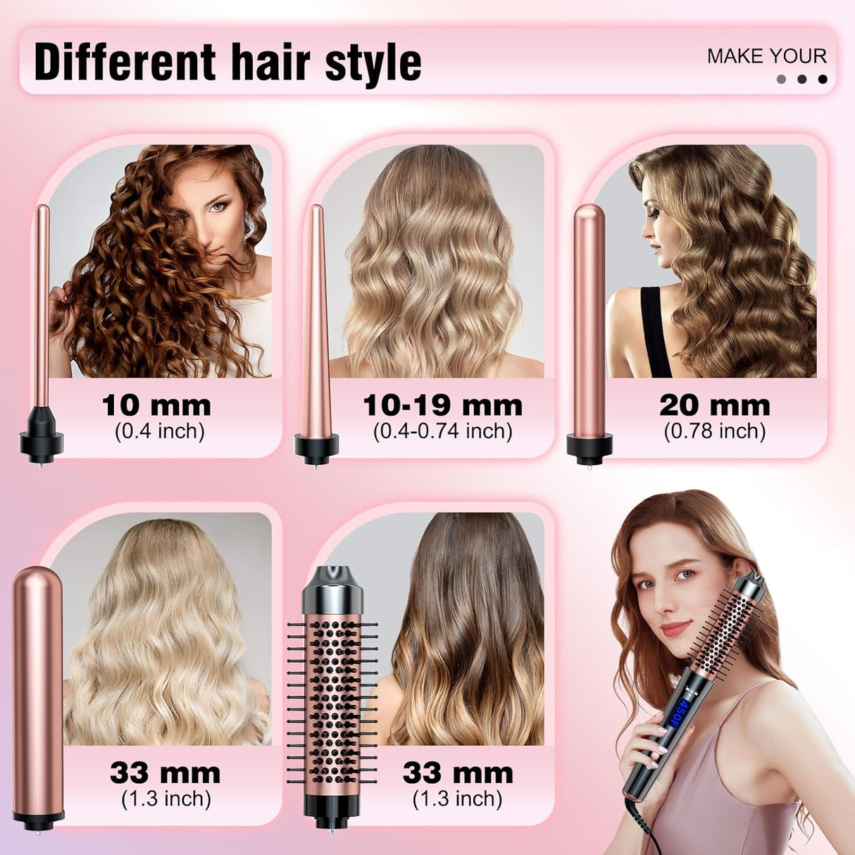 NBHS 5-in-1 Curling Iron Set with Thermal Brush – Rose Gold Styler Kit
