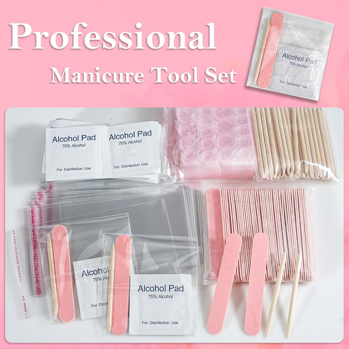 NBHS 50-Piece Press-On Nail Prep Kit – Files, Pads, Sticks & Bags (Pink)