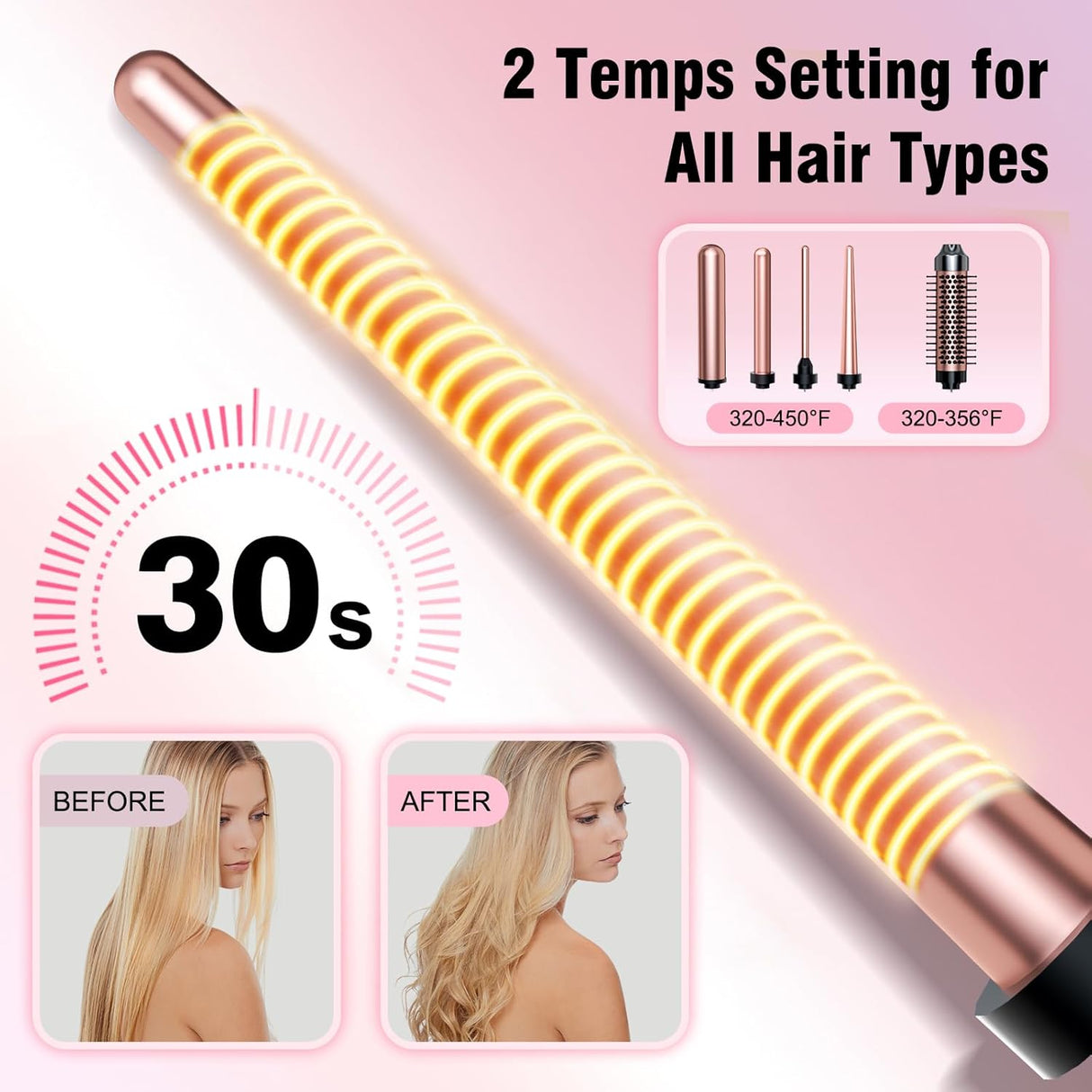 NBHS 5-in-1 Curling Iron Set with Thermal Brush – Rose Gold Styler Kit