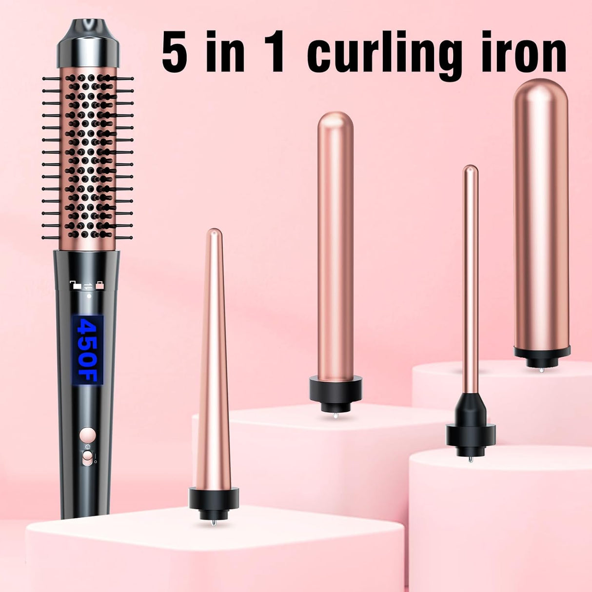 NBHS 5-in-1 Curling Iron Set with Thermal Brush – Rose Gold Styler Kit