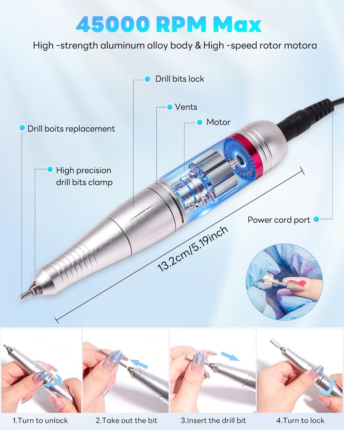 NBHS 45,000 RPM Professional Electric Nail Drill Machine – White