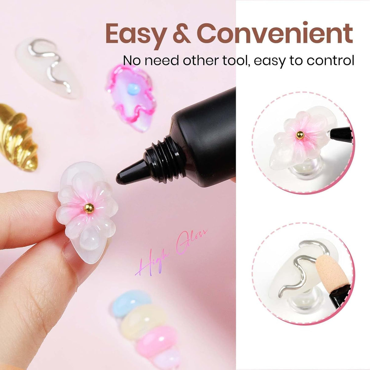 NBHS 3D Nail Gel & Chrome Powder Kit – Sculpting Gel for Nail Art Charms