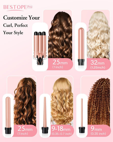 NBHS 5-in-1 Curling Wand Set – Rose Gold Hair Waver & Crimper Tool