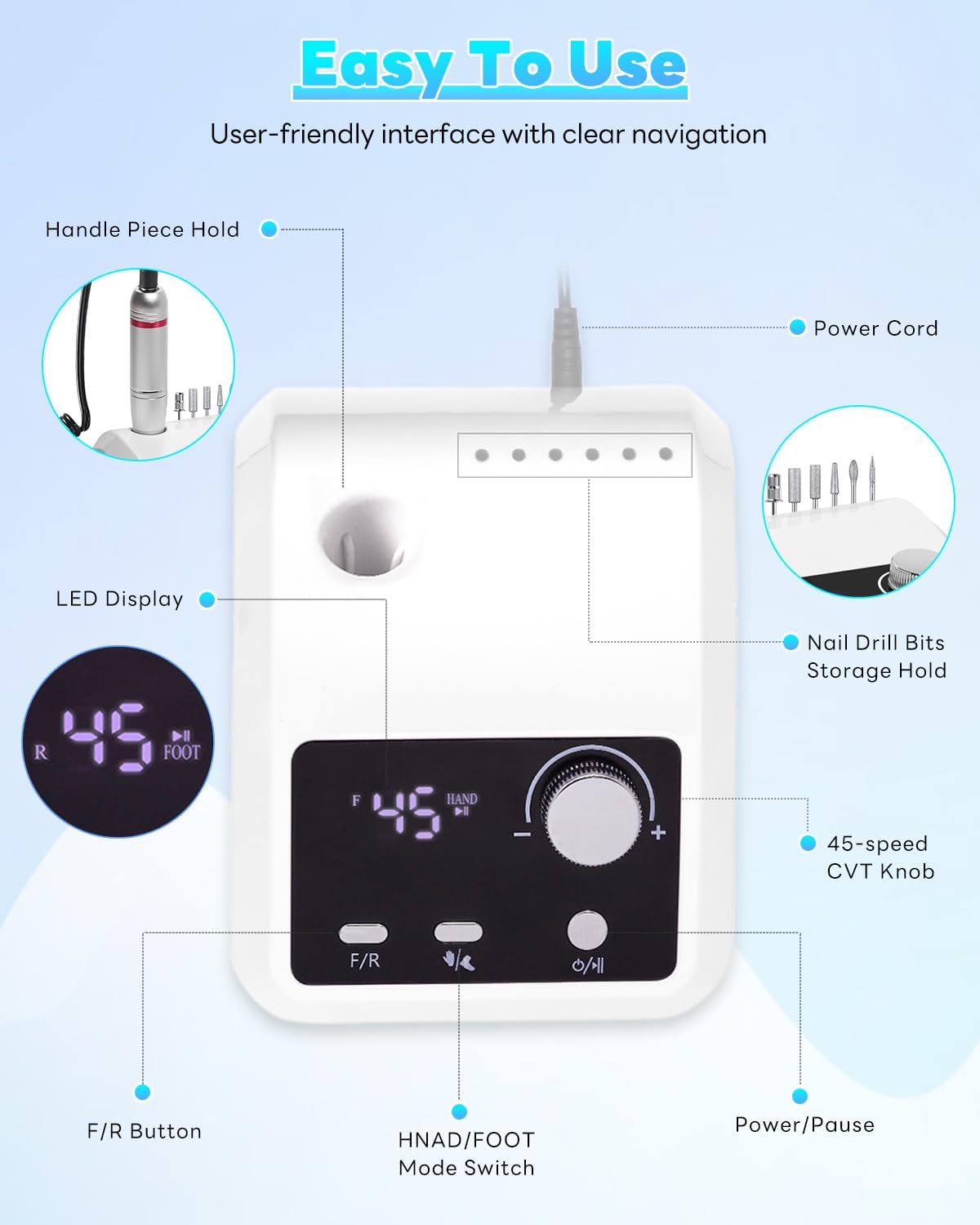 NBHS 45,000 RPM Professional Electric Nail Drill Machine – White