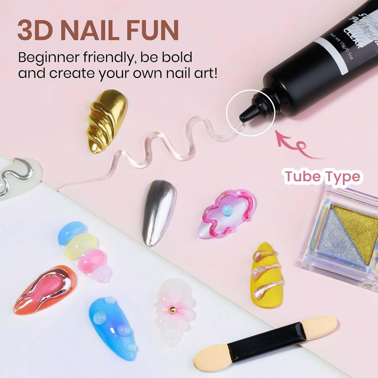 NBHS 3D Nail Gel & Chrome Powder Kit – Sculpting Gel for Nail Art Charms