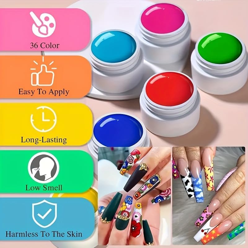 NBHS 36-Color Nail Art Gel Paint Kit – Includes 15 Professional Brushes