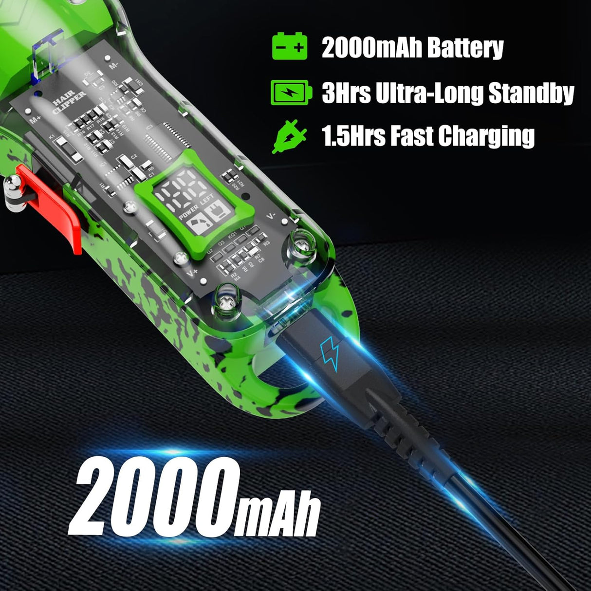 NBHS Professional Cordless Hair Clippers – Transparent Green Set with LED