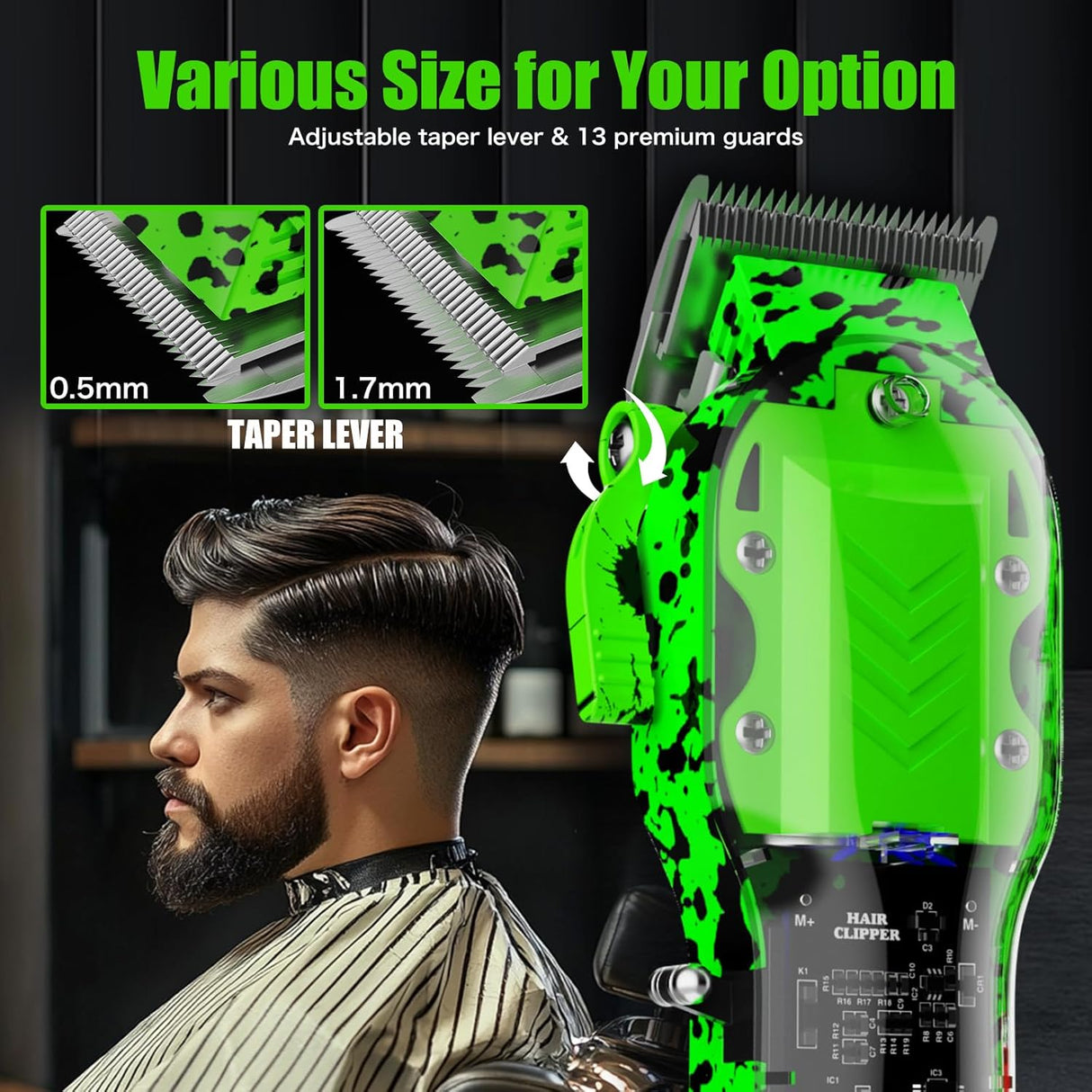 NBHS Professional Cordless Hair Clippers – Transparent Green Set with LED