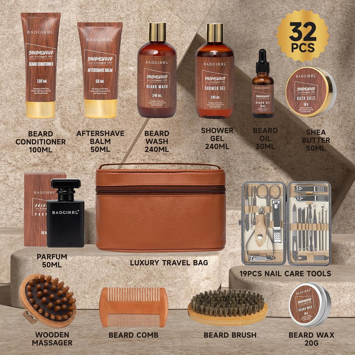 NBHS 32-Piece Sandalwood Bath & Beard Care Gift Set – Luxury Men’s Kit