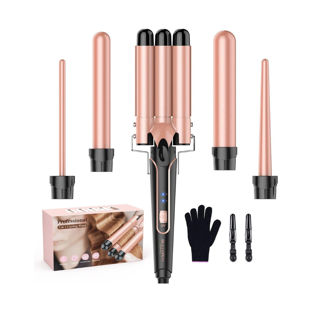 NBHS 5-in-1 Curling Wand Set – Rose Gold Hair Waver & Crimper Tool