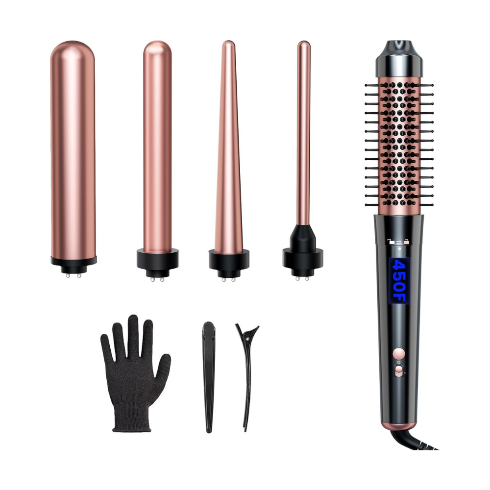 NBHS 5-in-1 Curling Iron Set with Thermal Brush – Rose Gold Styler Kit