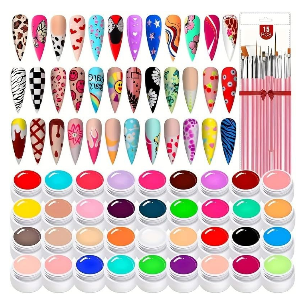 NBHS 36-Color Nail Art Gel Paint Kit – Includes 15 Professional Brushes