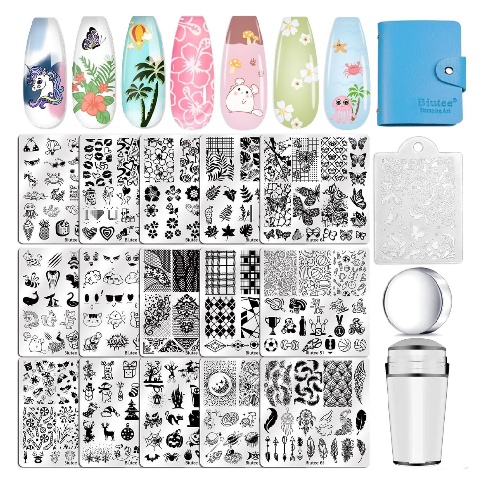 NBHS Nail Stamping Plates Kit – 15pcs Templates with Stamper & Scraper