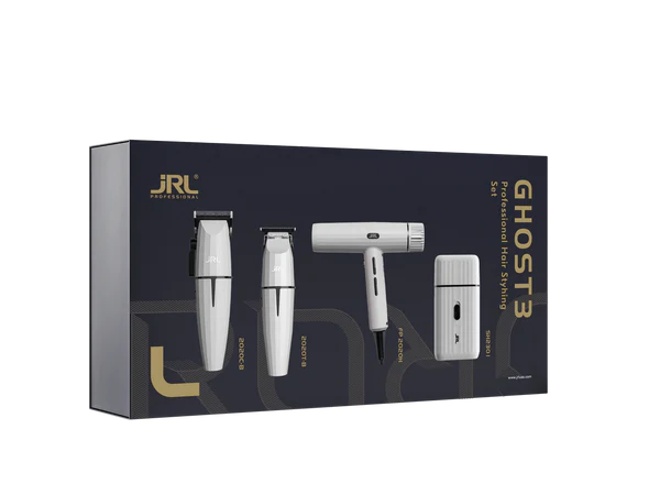 JRL Onyx White Ghost 3 Professional Clipper Trimmer Hair Dryer and Foil Quad Kit