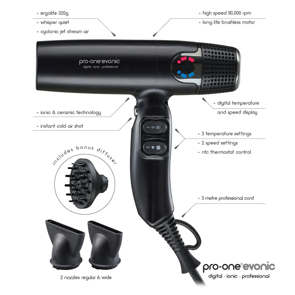 PRO-ONE Evonic Hair Dryer Black – 110,000 RPM Ultra-Light Professional