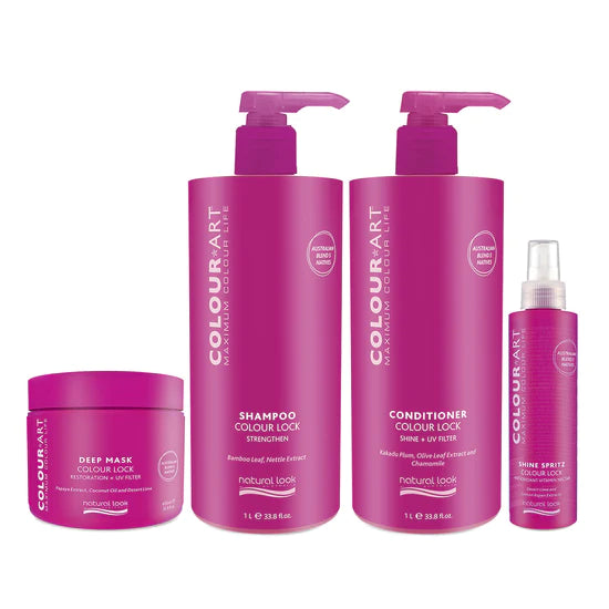 Natural Look ColourArt COLOUR LOCK SHINE BUNDLE – 1L Shampoo & Conditioner, 400ml Deep Mask, 125ml Shine Spritz