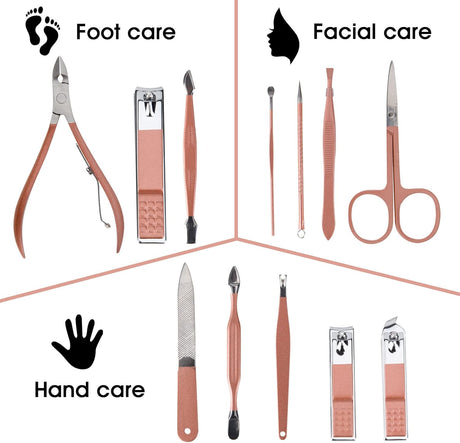 Rose Gold 12-in-1 Manicure Set – Portable Beauty Kit with Pink Leather Case NBHS