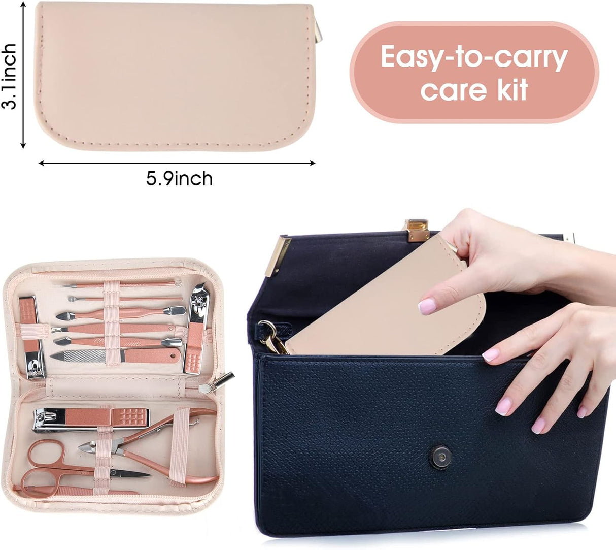 Rose Gold 12-in-1 Manicure Set – Portable Beauty Kit with Pink Leather Case NBHS