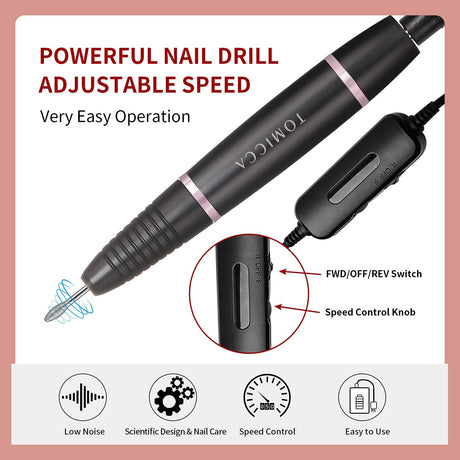 TOMICCA Professional Electric Nail Drill Kit – 20,000 RPM Nail File Machine with 12 Bits & USB Power NBHS