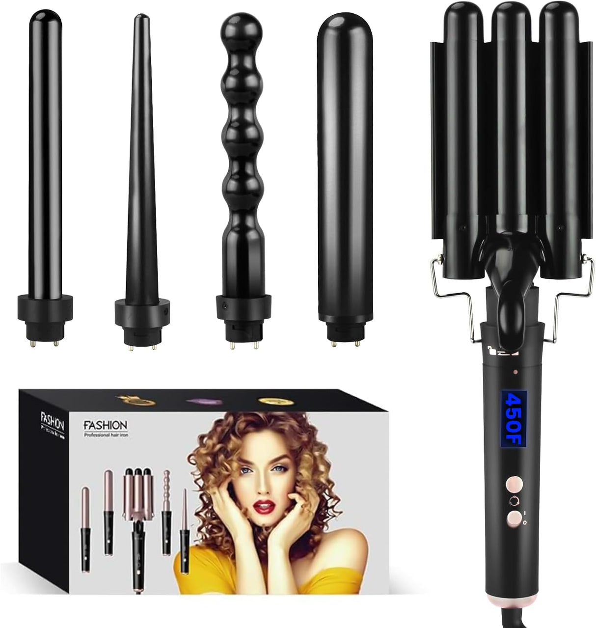 5-in-1 Curling Wand Set – Instant Heat Curling Iron Kit with Digital Display (Black) NBHS