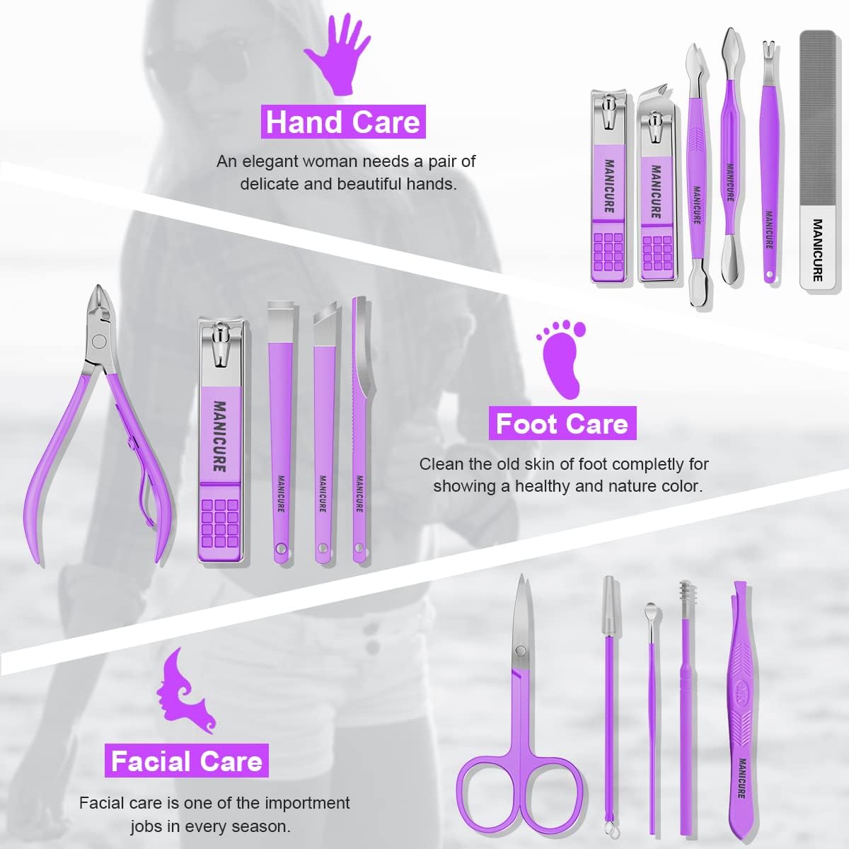 16-Piece Professional Manicure & Pedicure Kit – Violet Stainless Steel Nail Clippers Set with Leather Case NBHS