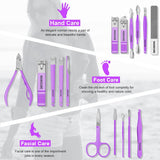 16-Piece Professional Manicure & Pedicure Kit – Violet Stainless Steel Nail Clippers Set with Leather Case NBHS