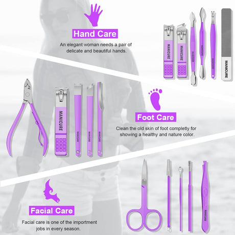 16-Piece Professional Manicure & Pedicure Kit – Violet Stainless Steel Nail Clippers Set with Leather Case NBHS