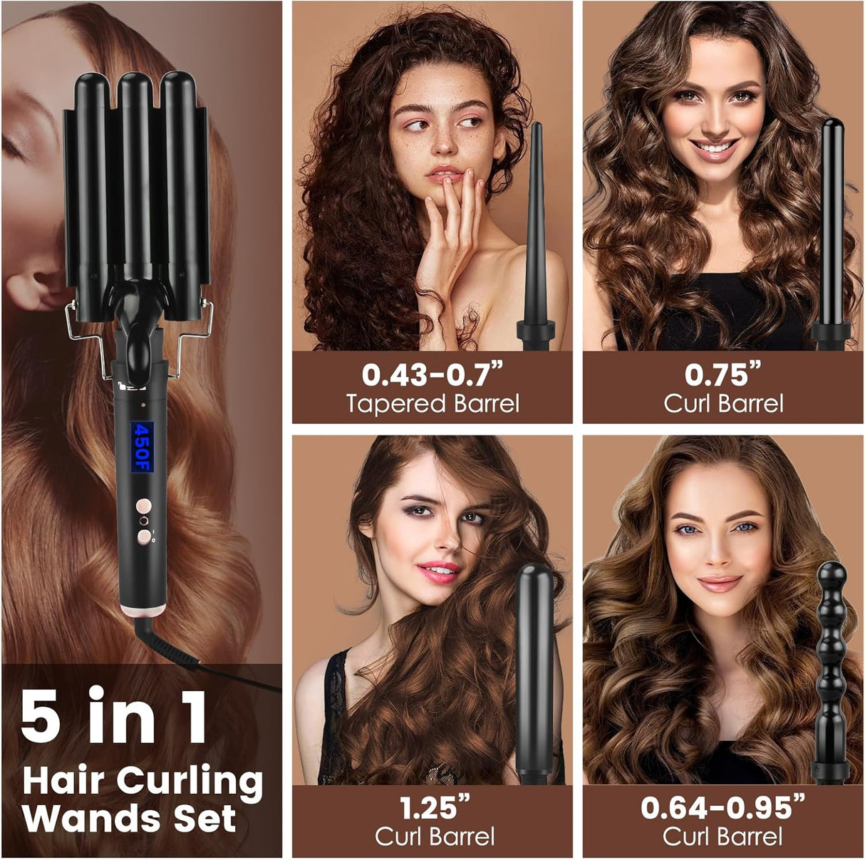 5-in-1 Curling Wand Set – Instant Heat Curling Iron Kit with Digital Display (Black) NBHS