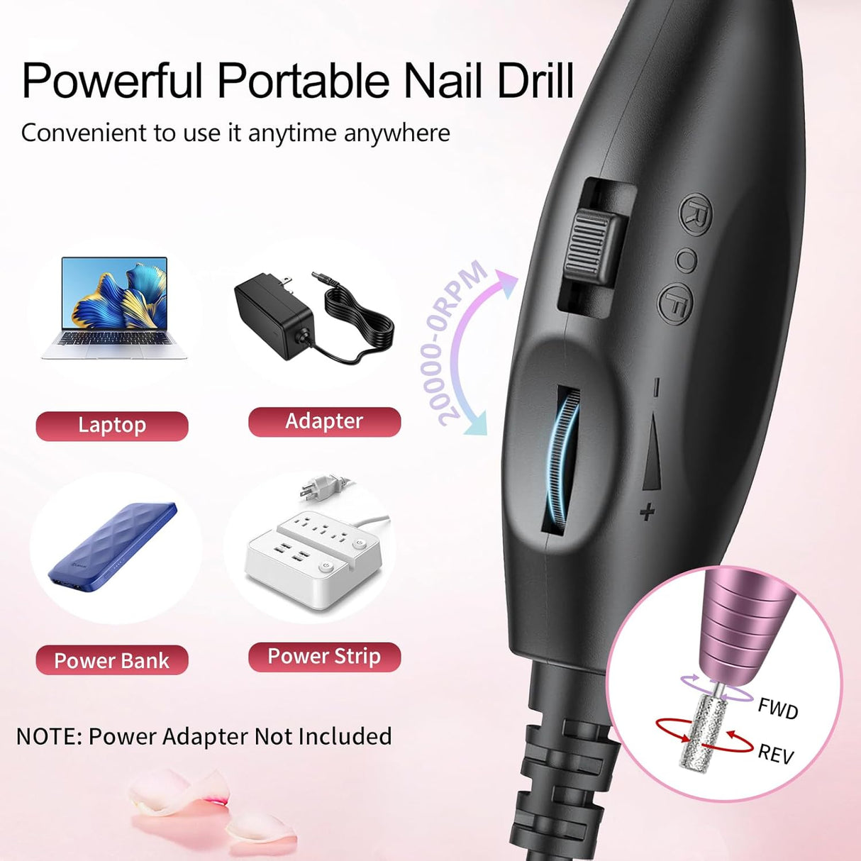 MelodyBetty Electric Nail Drill – Portable USB Nail File Kit with Iridescent Drill Bits NBHS