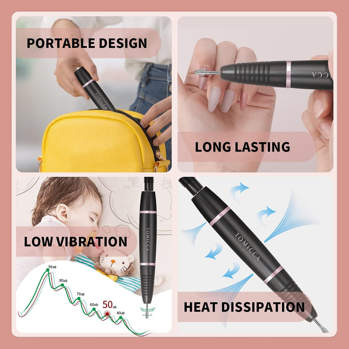 TOMICCA Professional Electric Nail Drill Kit – 20,000 RPM Nail File Machine with 12 Bits & USB Power NBHS