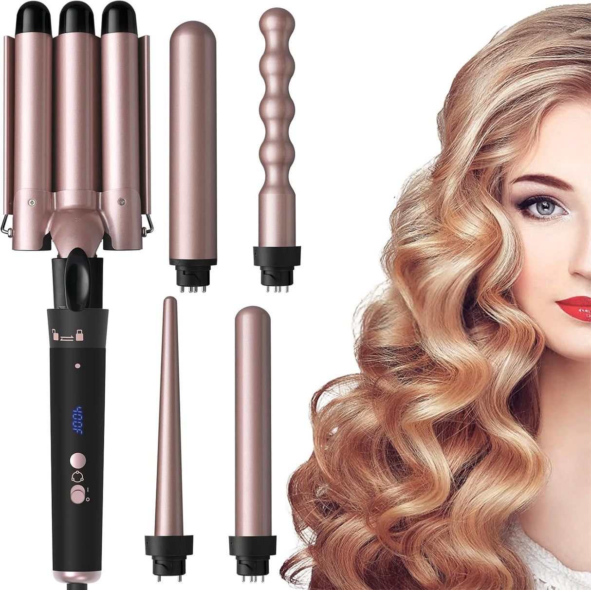 5-in-1 Curling Iron Set with Ceramic Barrels & 3-Barrel Waver – Adjustable Temperature for Long & Short Hair NBHS