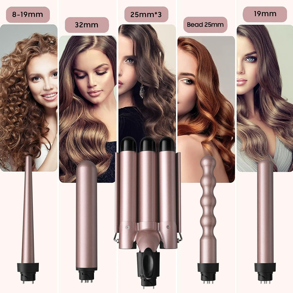 5-in-1 Curling Iron Set with Ceramic Barrels & 3-Barrel Waver – Adjustable Temperature for Long & Short Hair NBHS