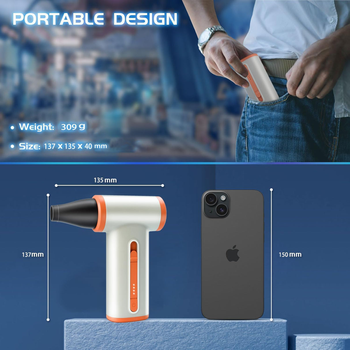 150,000 RPM Mini Air Duster – USB-C Rechargeable Jet Blower for PC & Car