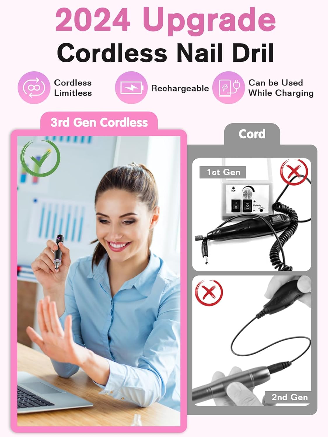 Cordless Rechargeable Nail Drill – 22,000 RPM Electric Nail File with LED Light (Gray) NBHS
