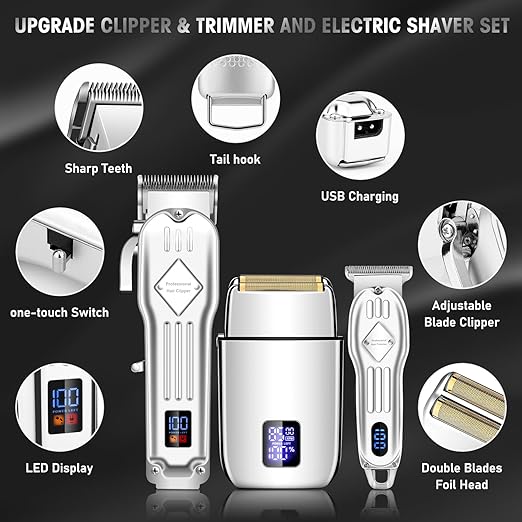 Hair Clippers For Men & Electric Shavers Professional Barber Hair Cutting Kit (Silver)