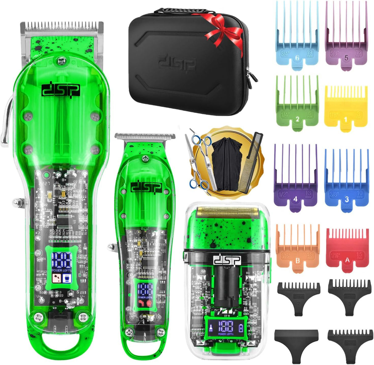DSP Hair Clipper, Trimmer & Shaver Set with Travel Case – Green Professional Cordless Grooming Kit NBHS