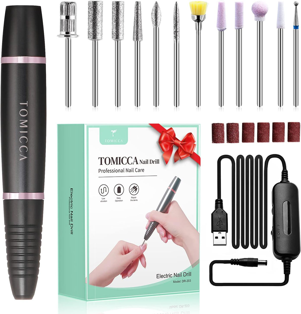 TOMICCA Professional Electric Nail Drill Kit – 20,000 RPM Nail File Machine with 12 Bits & USB Power NBHS