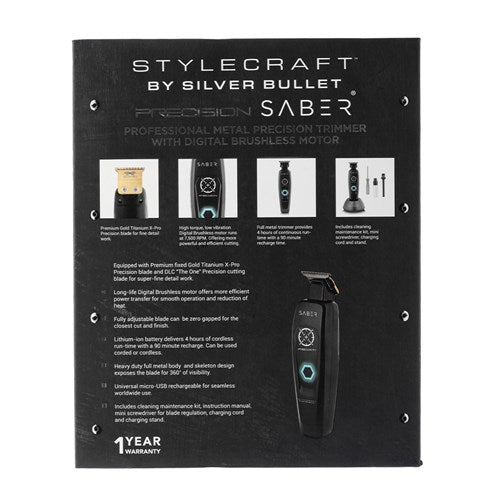 StyleCraft Saber Hair Trimmer Black – 7500RPM Brushless Narrow Blade Trimmer