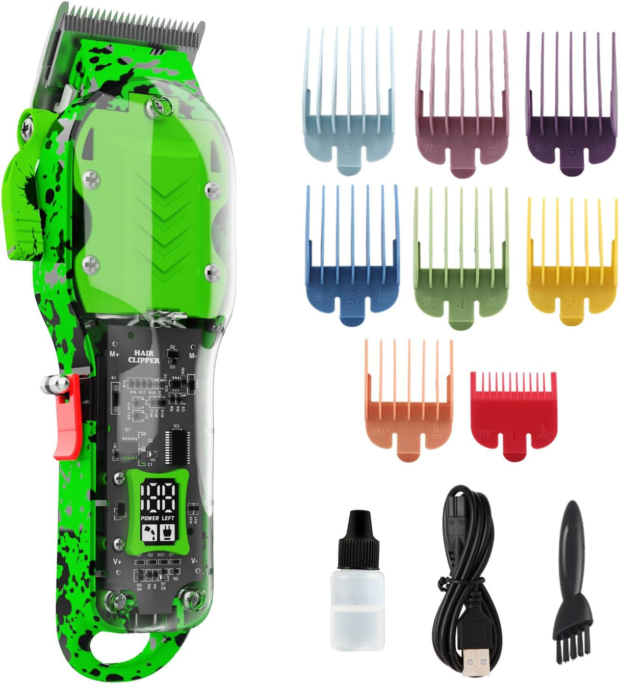Professional Cordless Hair Clippers for Men – Transparent Green Set with LED Display NBHS