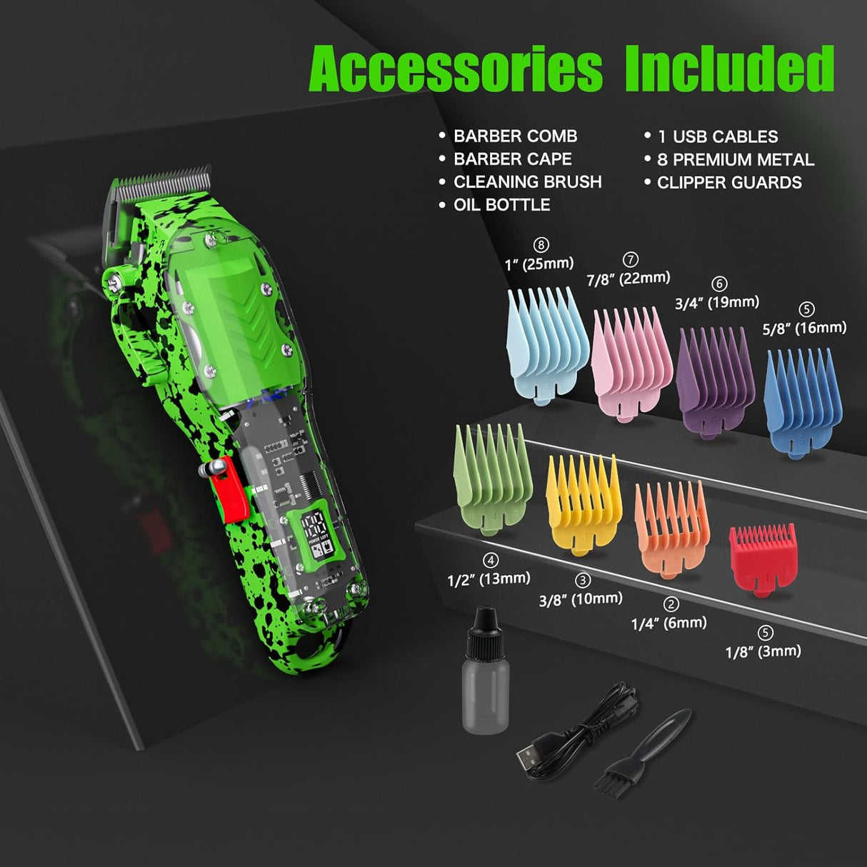 Professional Cordless Hair Clippers for Men – Transparent Green Set with LED Display NBHS