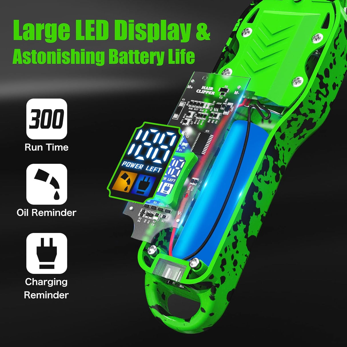 Professional Cordless Hair Clippers for Men – Transparent Green Set with LED Display NBHS
