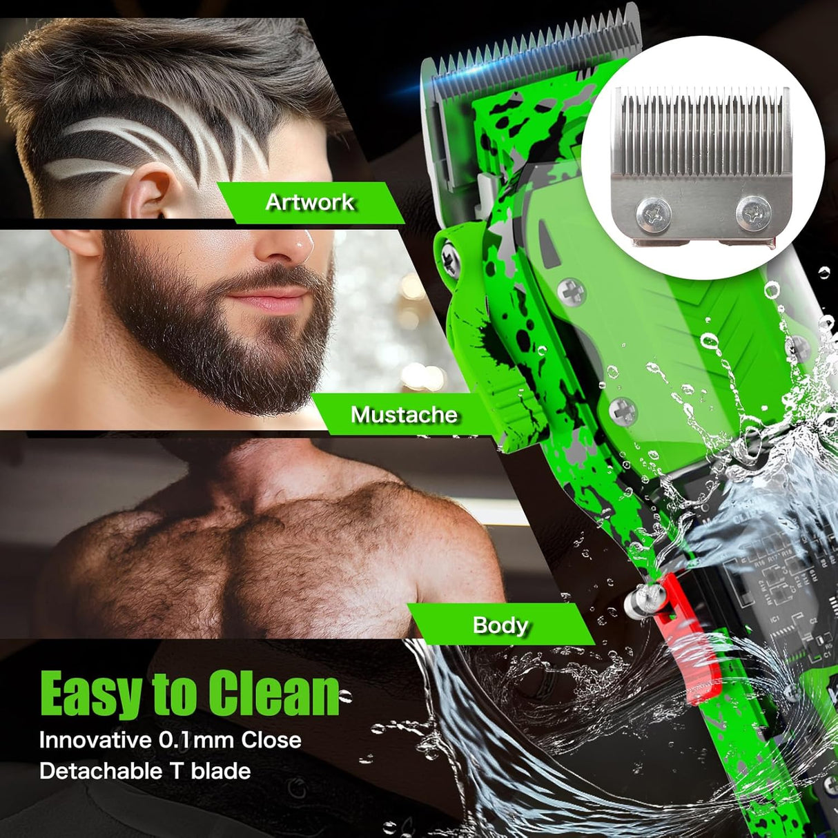 Professional Cordless Hair Clippers for Men – Transparent Green Set with LED Display NBHS