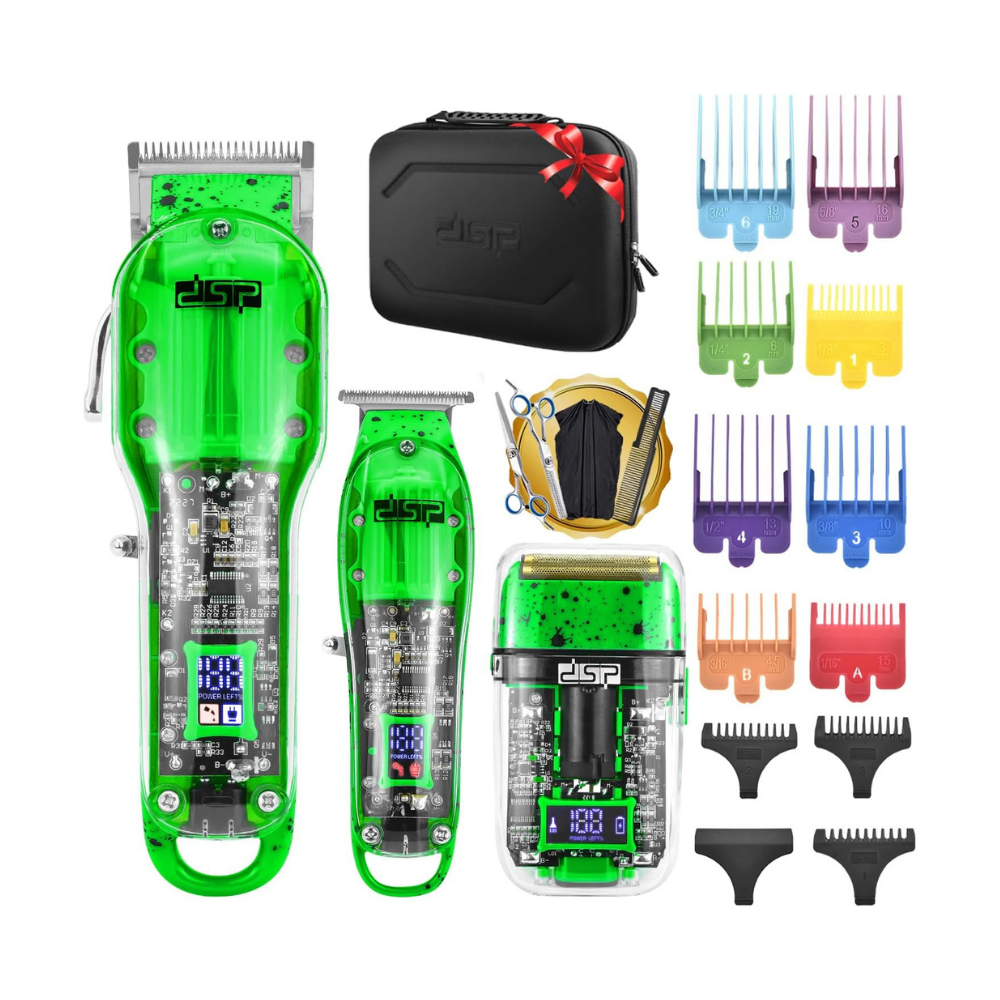 DSP Hair Clipper, Trimmer & Shaver Set with Travel Case – Green Professional Cordless Grooming Kit NBHS