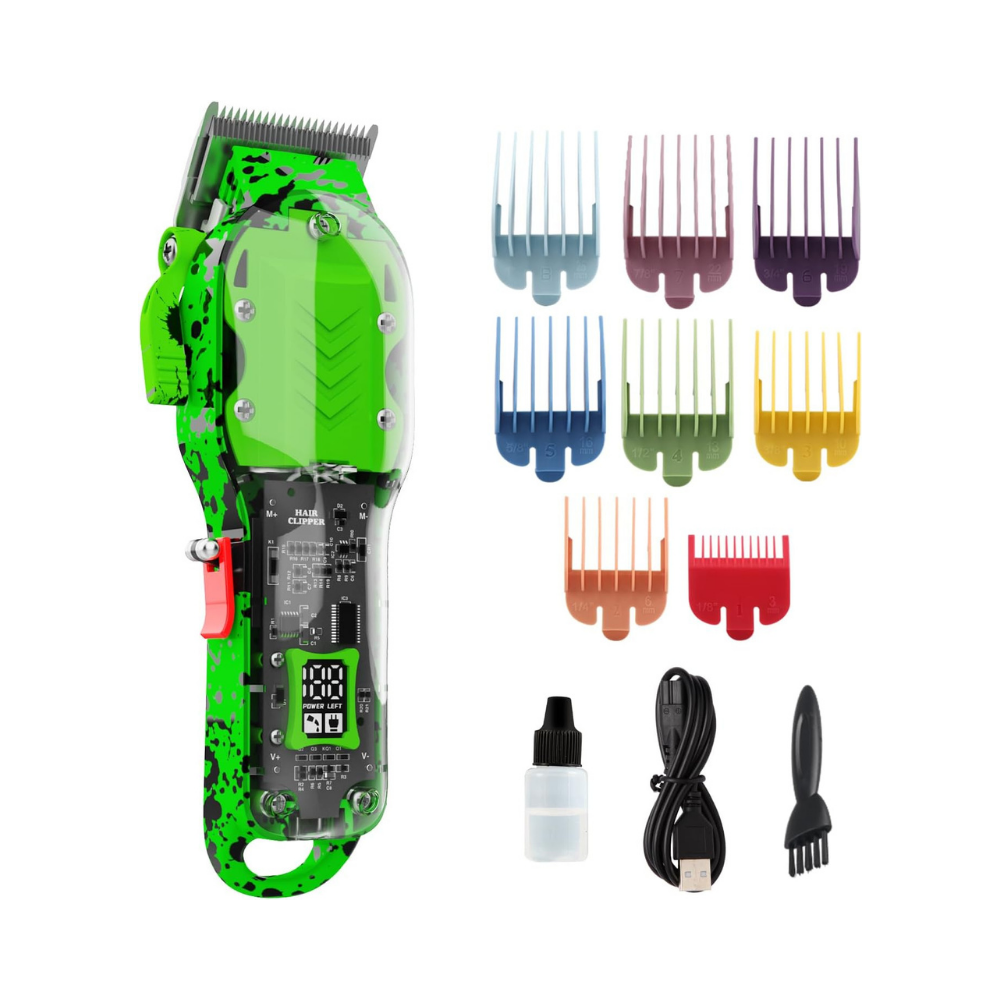 Professional Cordless Hair Clippers for Men – Transparent Green Set with LED Display NBHS